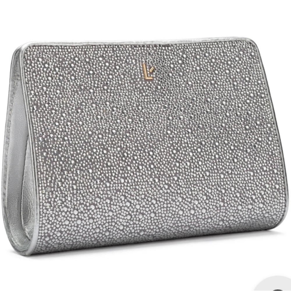 Larroude Erin crystal silver gray  clutch bag with removable gold chain strap